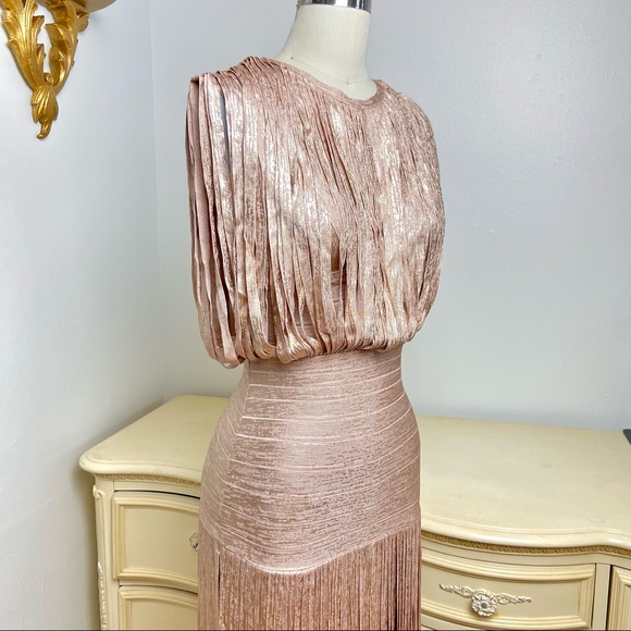 💔SOLD $2,350 Hervé Léger Selena Gold Fringe Gown - Picture 6 of 14
